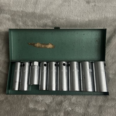 9 Pc KAL & Thorsen 1/2'' Drive 1/2'' to 1 1/8'' Deep Well Sockets w Box Vintage