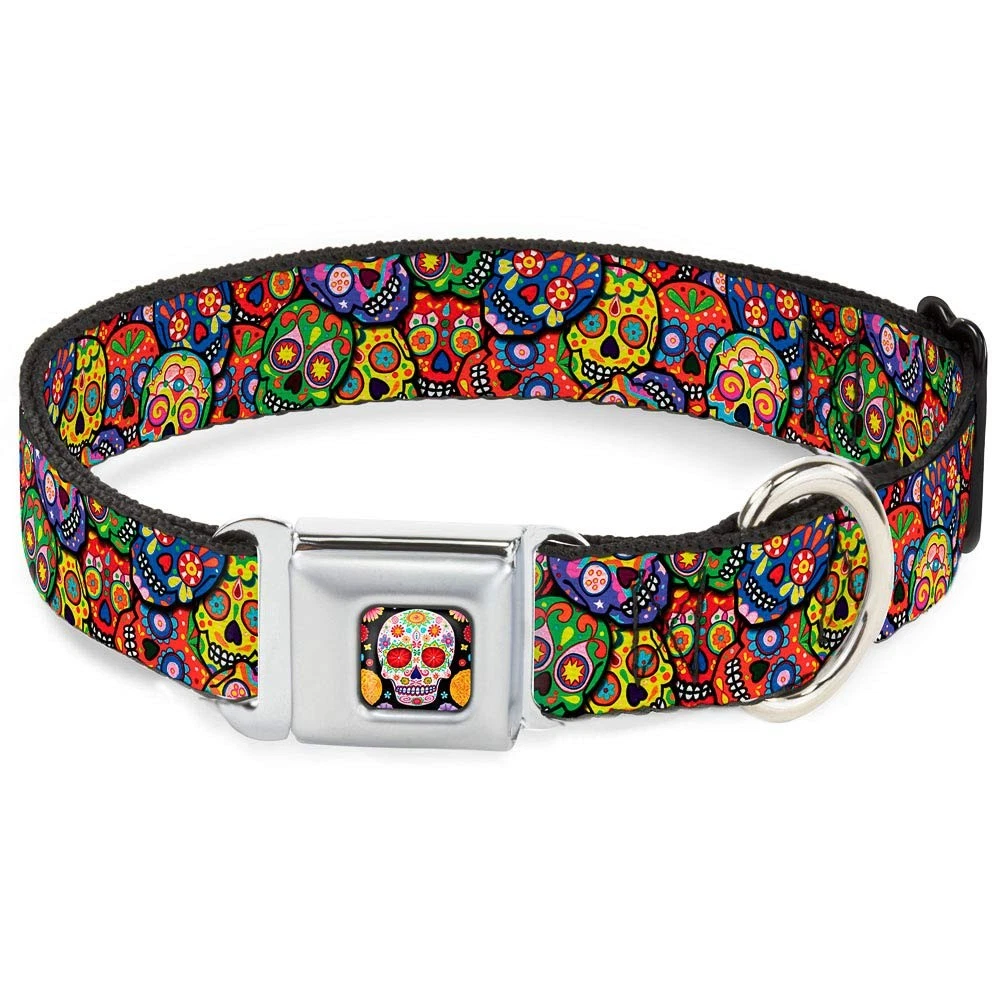 Large 1.5 Wide Multicolor Calaveras Seatbelt Buckle Dog Collar 18 to 32 Neck