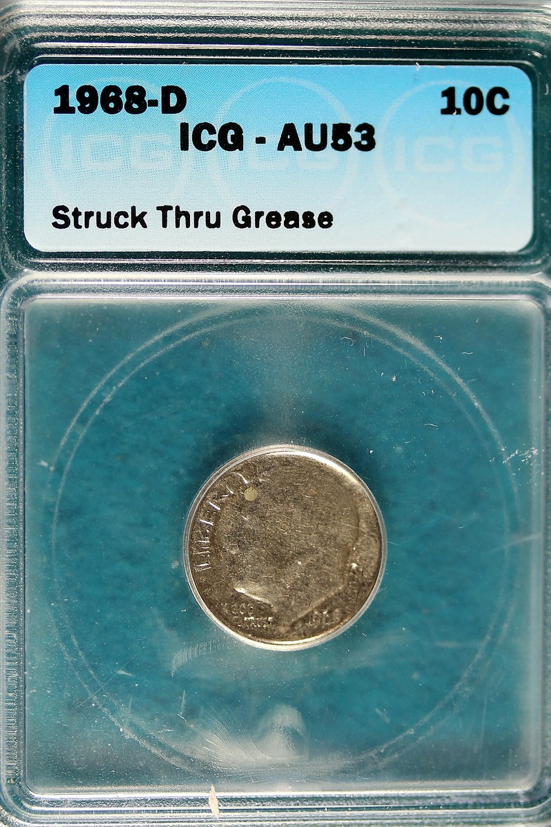 1968 D ICG AU53 Struck Thru Grease Roosevelt Dime!! #B5996
