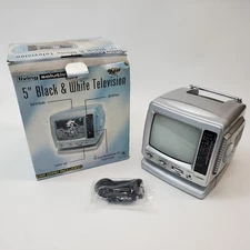 Vtg LIVING SOLUTIONS 5" Black/White TV AM/FM Radio Car Cord Included NOS