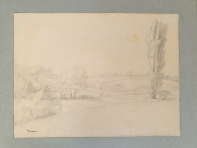 Drawing by Charles Edmond Kayser Landscape Countryside Signed Workshop Stamp