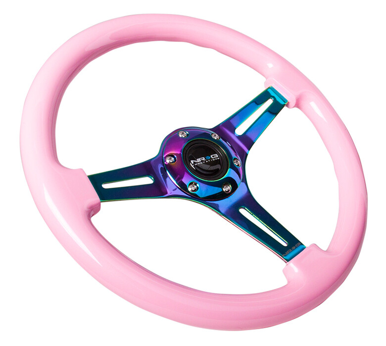 NRG -Classic Pink Wood Grain Steering Wheel 350mm w/ 3 NeoChrome