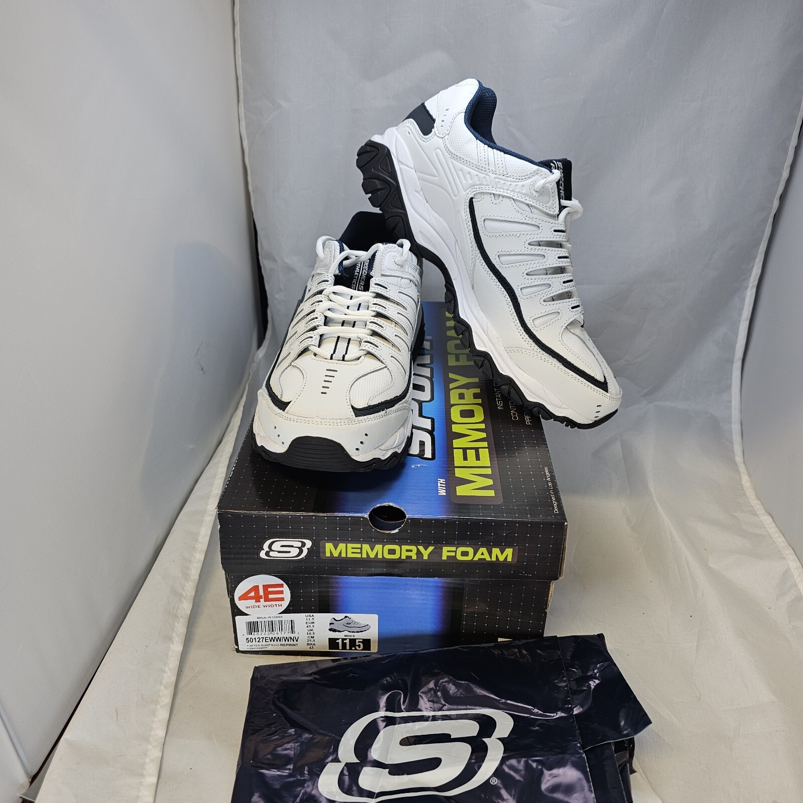 Skechers Sport Afterburn Memory Foam Lace Up Sneaker 11.5 4E White Navy NWB Dad