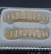 SOLID 925 Gold Simulated Diamonds Custom GRILLZ Teeth Top Bottom Set HipHop CZ