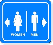 BATHROOM RESTROOM WOMEN LEFT ARROW MEN RIGHT ARROW Blue Aluminum composite sign