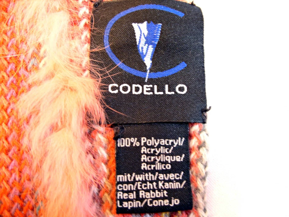 ALEMANIA-BUFANDA LARGA CON FLECOS PIEL DE CONEJO REAL TEJIDO ROSA RAYAS CODELLO VINTAGE Foto 4 de 4