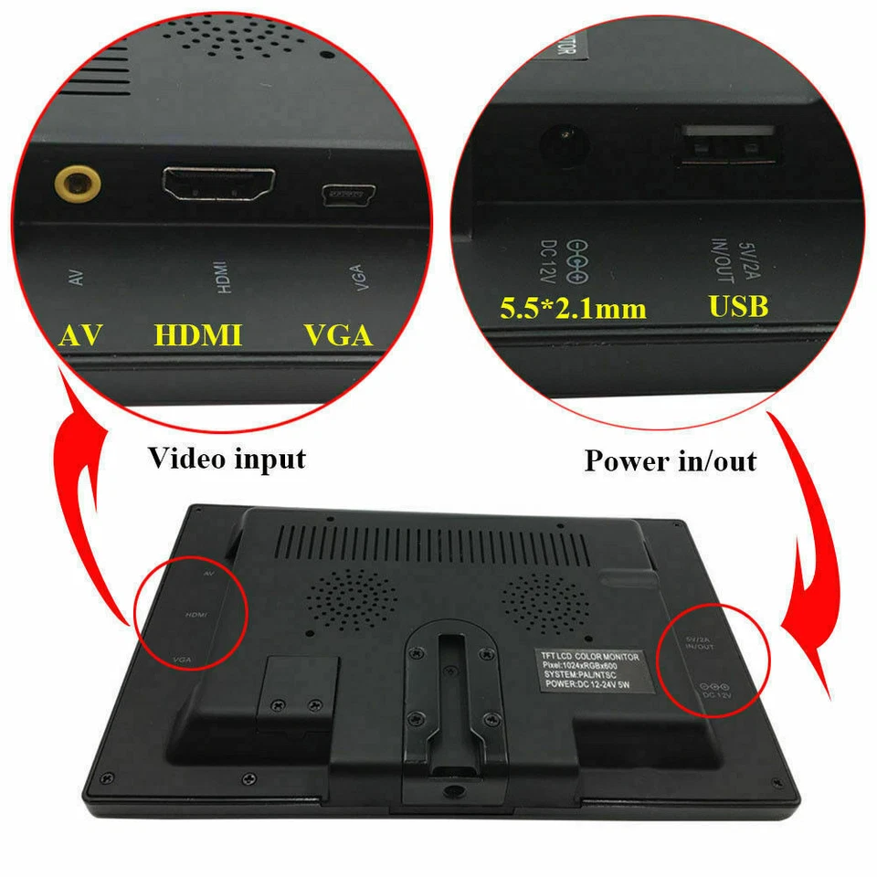 7" Display Small Portable Monitor USB LCD Screen AV VGA HDMI Security Speakers - Image 4 of 4