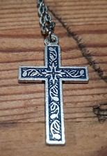 Blue enamel &amp; silve tone cross necklace 20 in cable chain flower floral design