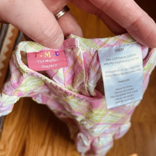 Y2K Baby Girls Madras Seersucker Dress Flower Appliqué Preppy Boho Party 3-6 Mos - Picture 4 of 4