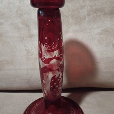 Bougeoir ancien Egermann cristal rouge rubis 8,75" taillé à effacer cerf tchèque