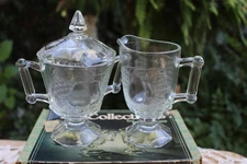 Vintage Jeanette Glass Baltimore Pear Sugar and Creamer Original box / care card