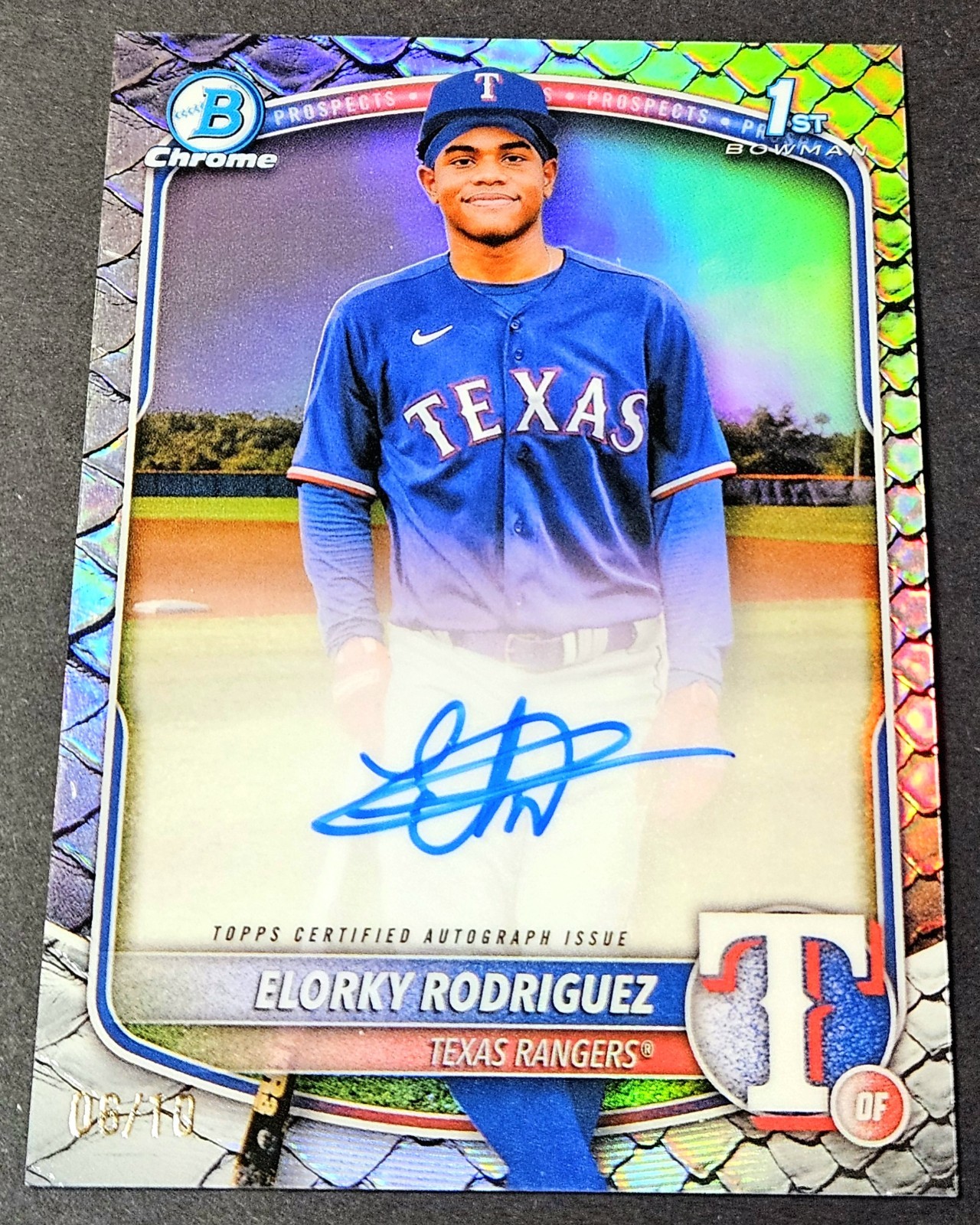 2025 Bowman Chrome 1st Black /10 Auto Reptilian Elorky Rodriguez #CPA-ER Rangers