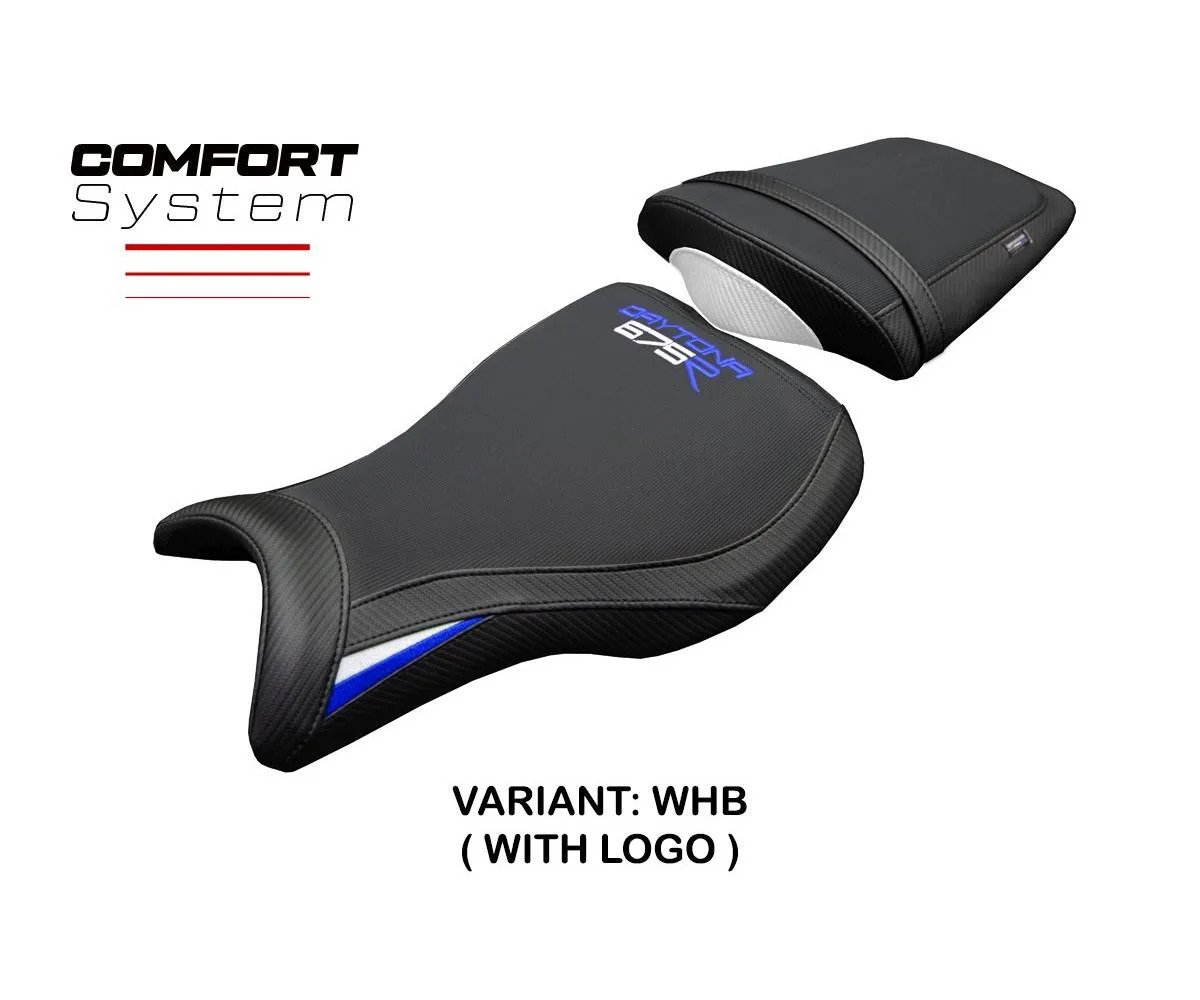 Seat cover Ripley Comfort White-Blue +logo Tpz TRIUMPH DAYTONA 675R 2006 2012