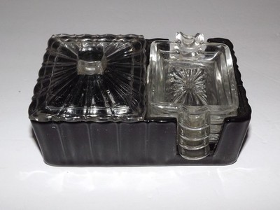 vintage cigarette holder and ashtrays Vtg Retro Black Glass Cigarette Holder Box Clear Lid 4 Double Ashtrays  Complete