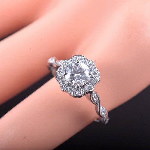Vintage Moissanite Natural Diamond Ring Solid 14 karat White Gold Jewelry - Picture 6 of 9