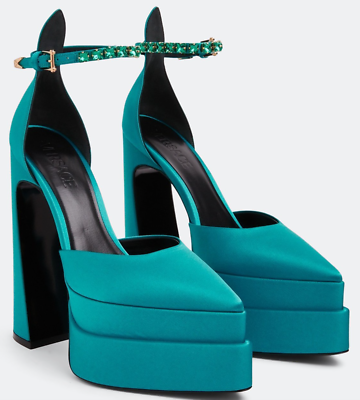 NIB Versace Medusa Aevitas Teal Satin Crystal Pointed Platform