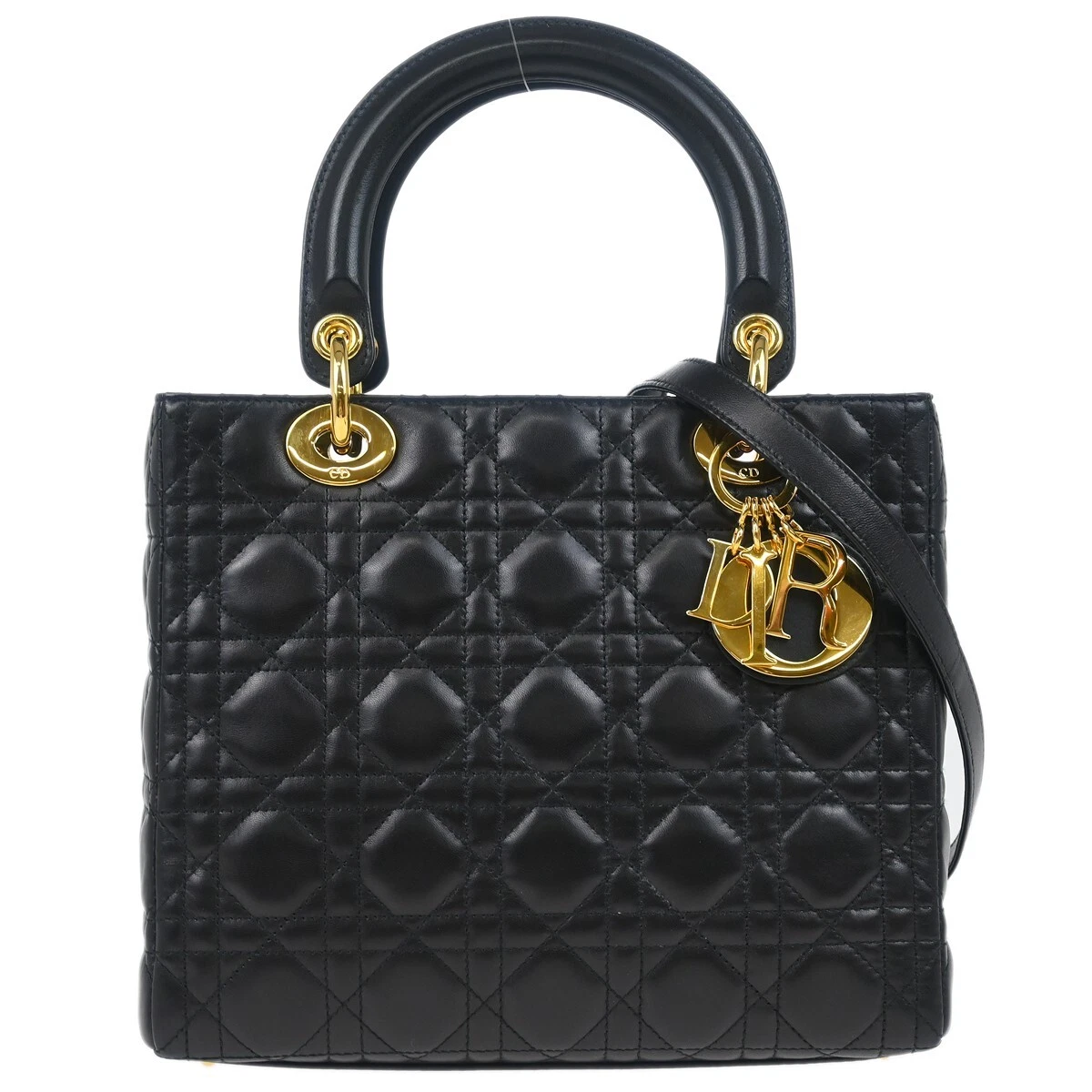 Sac à main Christian Dior noir en peau d'agneau Lady Dior Cannage 2 voies 02 MA 0072 175638