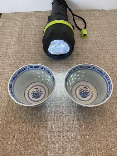 Two Translucent Tienshan Rice Flower Saki Cups
