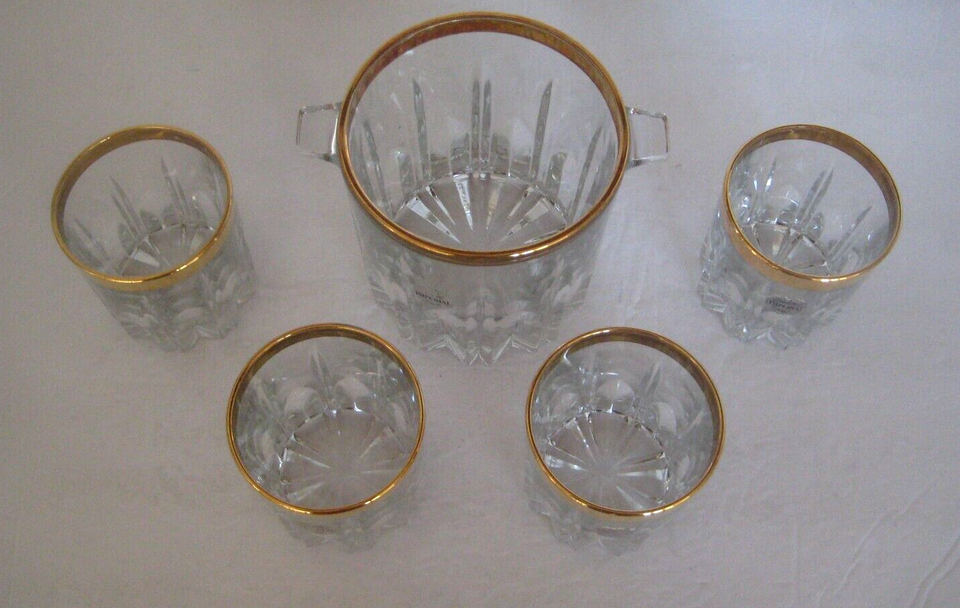 Vintage IMPERIAL HAND MADE CRYSTAL Ice Bucket + 4 Whiskey Tumblers Gold