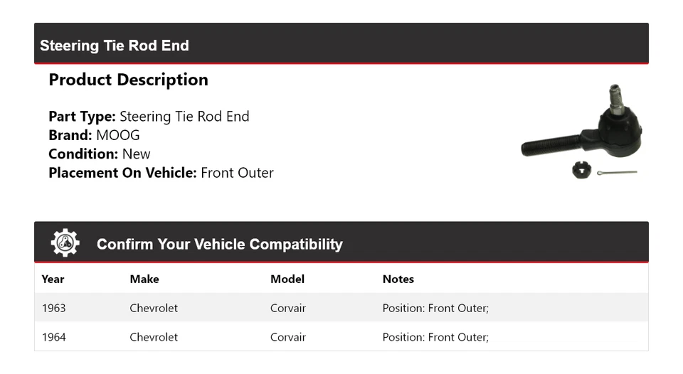 Para Chevrolet Corvair 1963-1964 Barra de dirección Extremo Delantero Exterior MOOG Foto 2 de 4