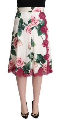 DOLCE & GABBANA Skirt Aline White Rose Print High Waist Midi IT48/US14/XXL $2000