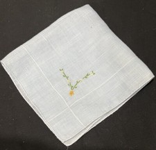 Vintage Collectible White Cotton Handkerchief w Hand Embroidered Yellow Flowers