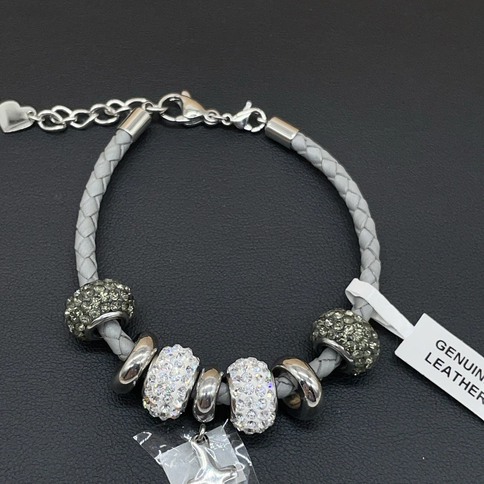 Pulsera de cuero gris cuentas de cristal acero inoxidable cruz pulido espaciadores 7,5" Foto 2 de 4