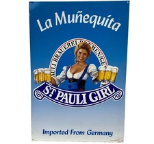 St Pauli Girl Metal Beer Sign La Munequita "The Doll" Sexy Busty Girl Blue 15x22