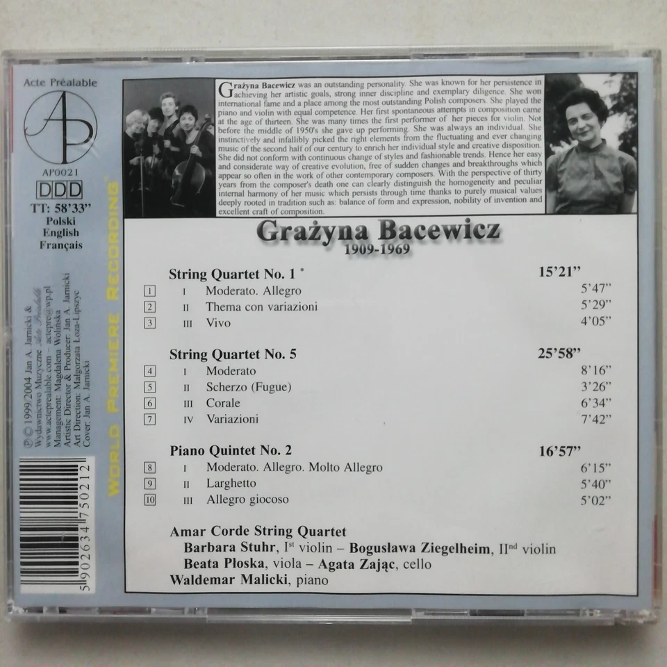 Bacewicz: String Quartets - III / Amar Corde Quartet / Acte Prealable CD AP0021 - Image 2 of 3