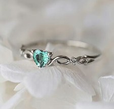 US SELLER BEAUTIFUL HEART AQUAMARINE SIMULATED WHITE GOLD PLATED RING Size 9