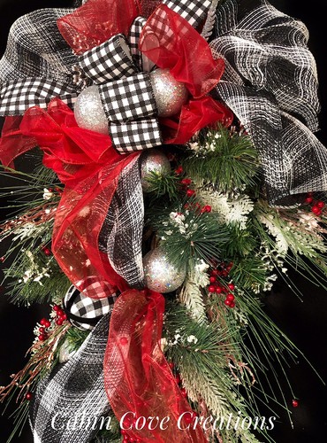 Buffalo Plaid Teardrop Swag Wreath Black White Buffalo Plaid Christmas Decor - Picture 8 of 12