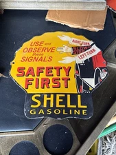 Vintage 12” Porcelain Sign - “SHELL GAS SAFETY FIRST SIGNALS”