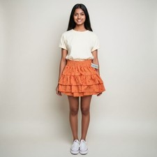 Cat  Jack Coral Orange Ruffle Skirt with Red Floral Accents