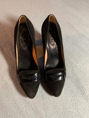 TODS WOMENS HEELED PUMPS BLACK PENNY LOAFER STYLE GREAT SHAPE SIZE 37.5