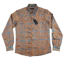 NWT Barry Wang Men's Paisley Jacquard Blue  Gold Silk Blend Button Down Small