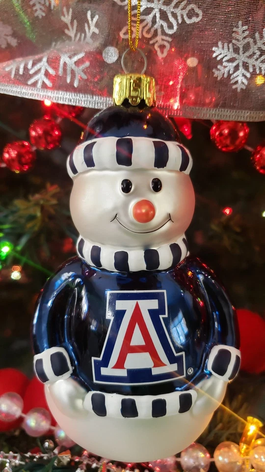 Adorno de Navidad de vidrio soplado de la Universidad de Arizona muñeco de nieve NCAA de colección años 90 con caja Foto 2 de 4