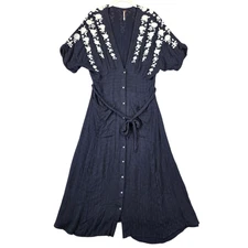 Free People Dress Womens Medium Embroidered Maxi Boho Button Front Pockets