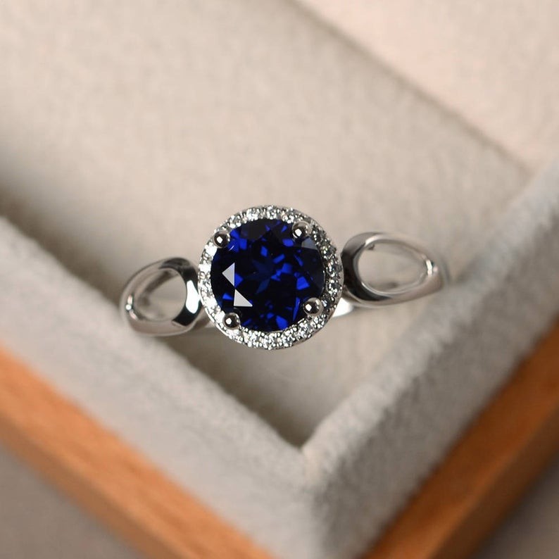 1.65  Round Cut Natural Sapphire Diamond  Ring 14K Solid  White Gold Size 6