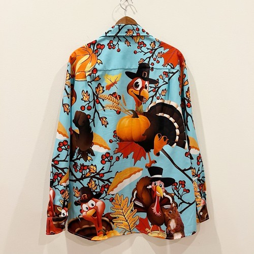 Hawaiian Shirt Men Large Blue Orange Turkey For Thanksgiving Novelty Long Sleeve - Picture 2 of 10