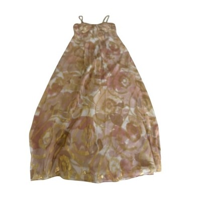 NWT! ''Oleg Cassini'' Silk Blend Gold Lurex Floral Maxi Dress Pleats SZ 4 PLZ READ