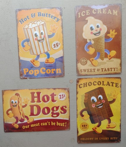 4x Vintage Tin signs (matching): Popcorn, Ice Cream, Hot Dogs, Chocolate 12"x18"