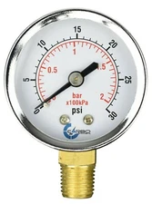 2" Pressure Gauge - Chrome Plated Steel Case, 1/4" NPT, Lower Mnt. 30 PSI