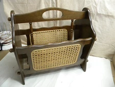 Wood Woven Wicker Rattan Cane Magazine Book Vinyl Record Rack Holder Vintage MCM