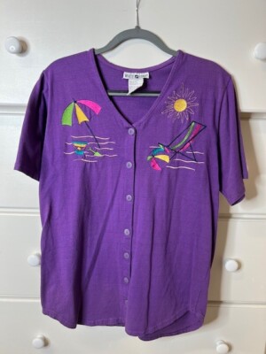 Vintage White Stag Purple Beach Short Sleeve Button Up V-Neck Shirt - SMALL