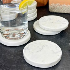 Image of Round White Marble Coasters Set Of 4 Luxury Stone Heavy Dining Table Drinks Mats