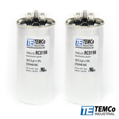 TEMCo 70+7.5 uf/MFD 370-440 VAC volts Round Dual Run Capacitor 50/60 Hz -Lot-2