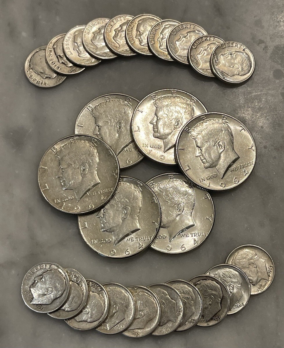 $5 Face 90% Silver 6 1964 Kennedy Half Dollar 20 Dimes - Choose