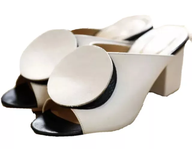 The Palatines Mule Beige Black Slip On Leather Shoe Block Heal Open Toe Size 6
