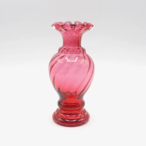 FENTON CRANBERRY GLASS VASE RUFFLED TOP RIDGED DESIGN EC