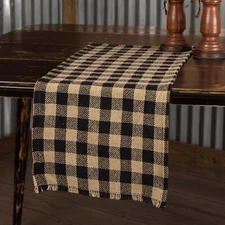 New Farmhouse Primitive Rustic BURLAP TAN BLACK TABLE RUNNER Checked 48"
